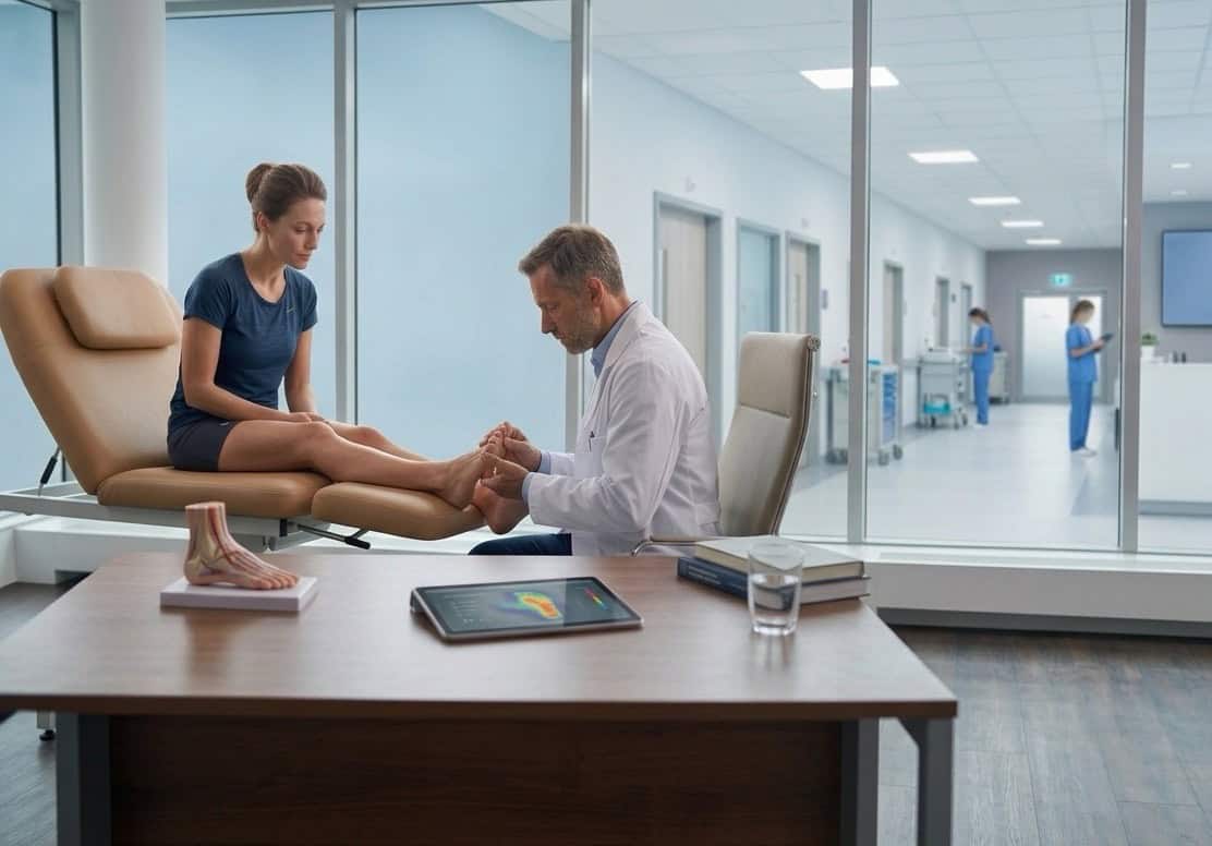 Vyšetrenie a rozpoznanie príznakov diabetickej nohy u lekára.