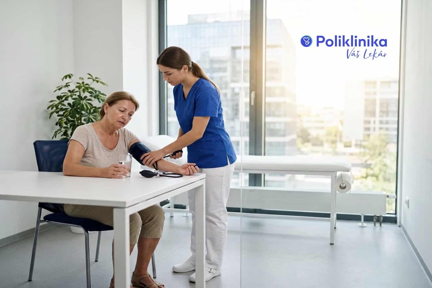 Zdravotná sestra meria krvný tlak staršej pacientke s prehriatím a dehydratáciou počas horúčav v Poliklinike Váš Lekár
