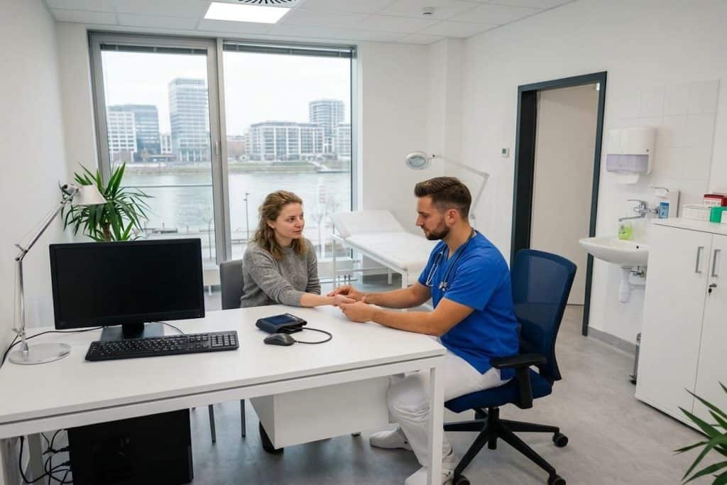 Lekár vyšetruje prekrvenie ruky pacientky so studenými končatinami v ambulancii Polikliniky Váš Lekár