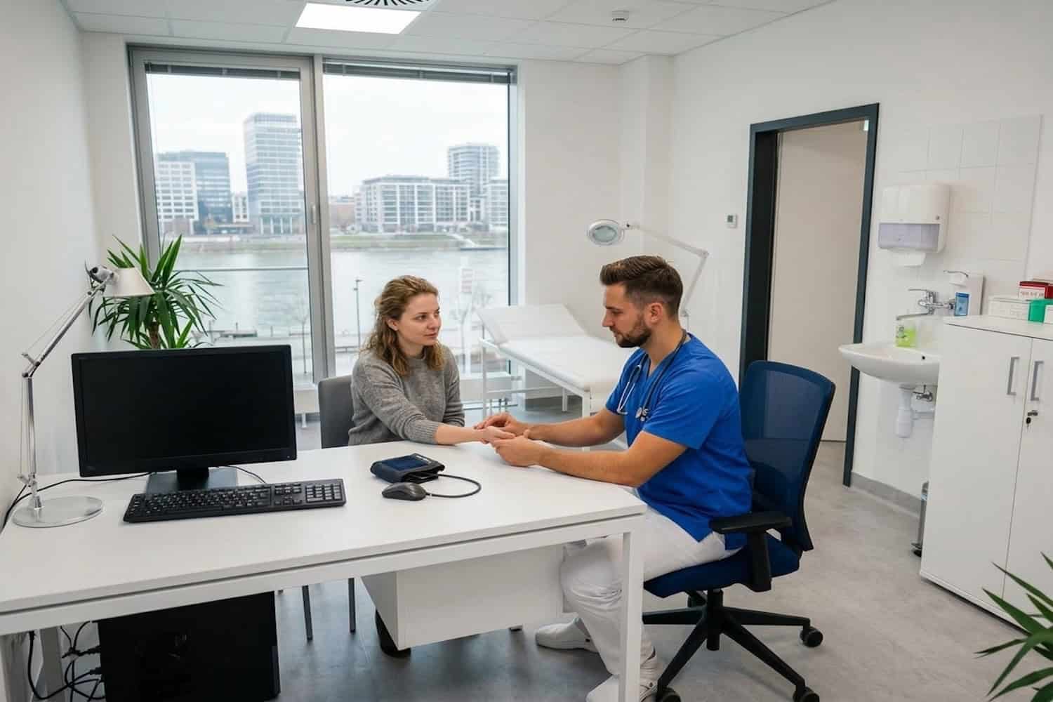 Lekár vyšetruje prekrvenie ruky pacientky so studenými končatinami v ambulancii Polikliniky Váš Lekár